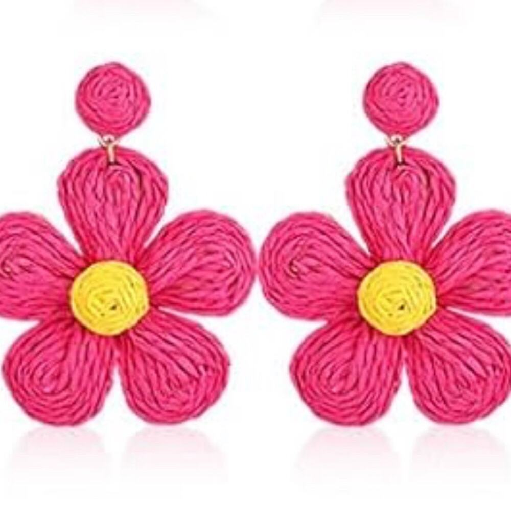 Pink Raffia Flower Drop Earrings